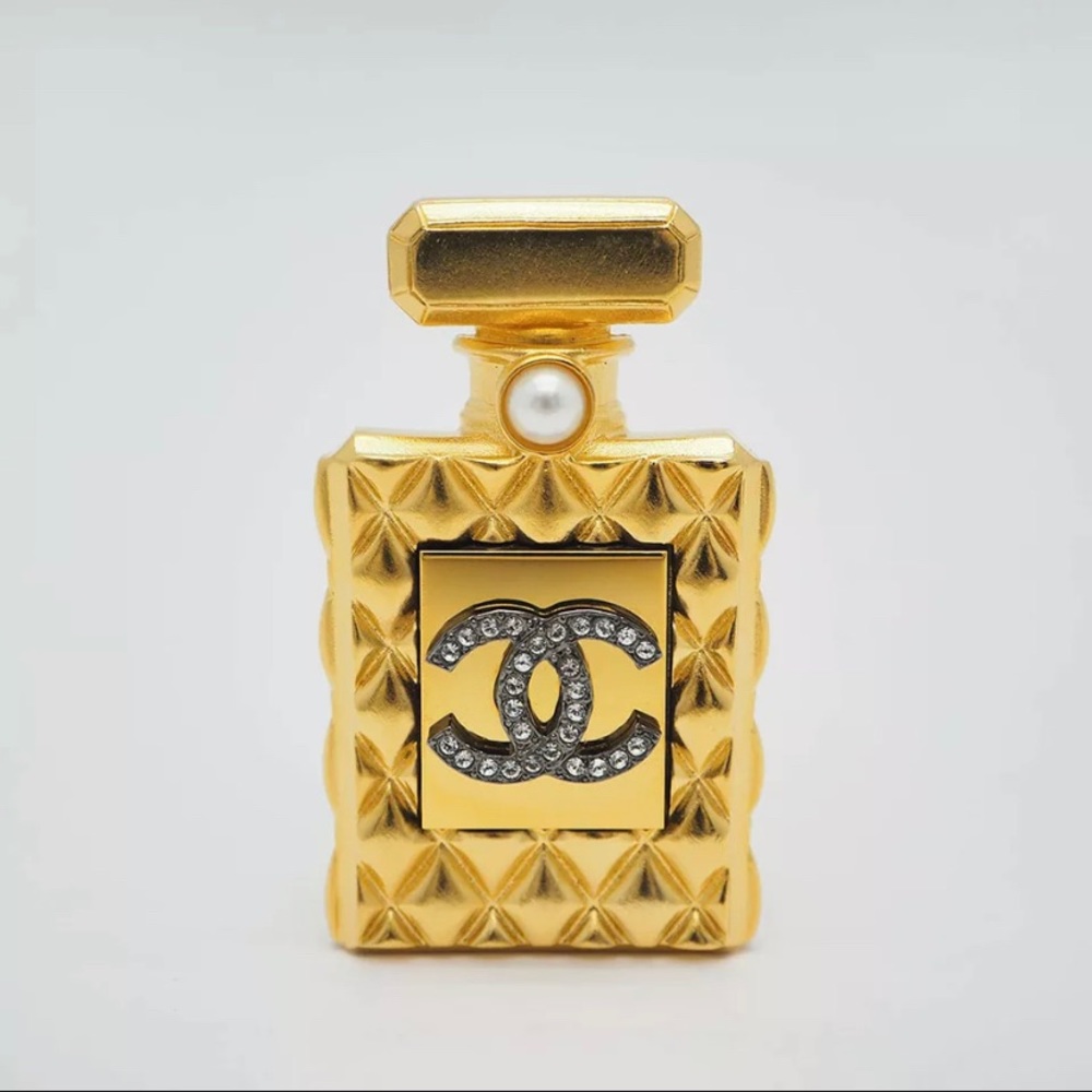 Chanel Perfume Bottle Coco Brooch Gold Pearl Rhinestone Matelasse